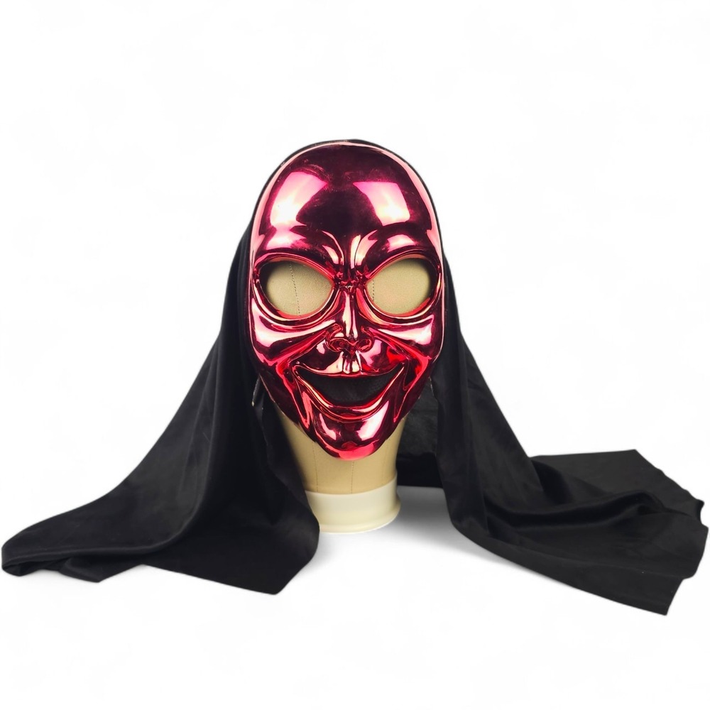 Gemmy 2013 Halloween Mask Chrome Metallic Red Face Smile Grim Reaper Black Hood